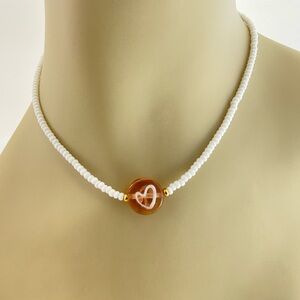 Pink & White Lamp Work Glass Heart & Seed Bead Choker, Boho, Coquette Girl